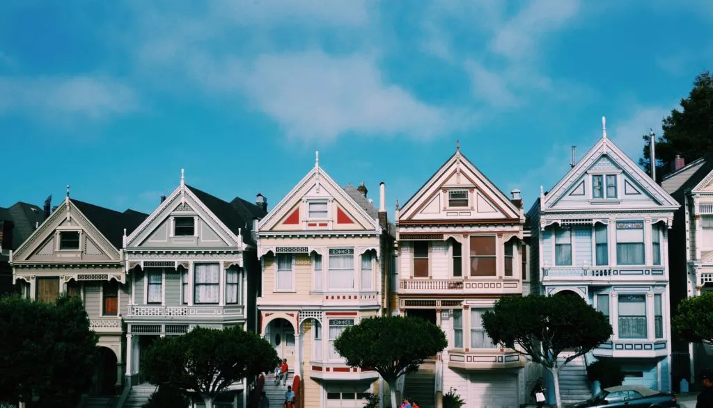 row of houses by the lake