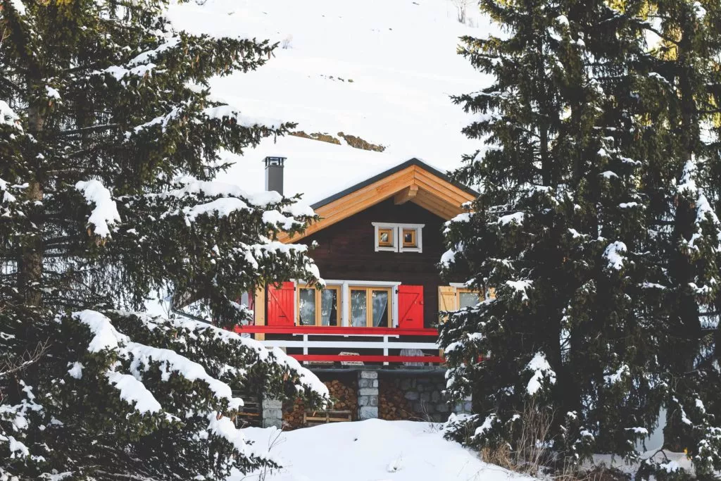 house covered in snow in between trees